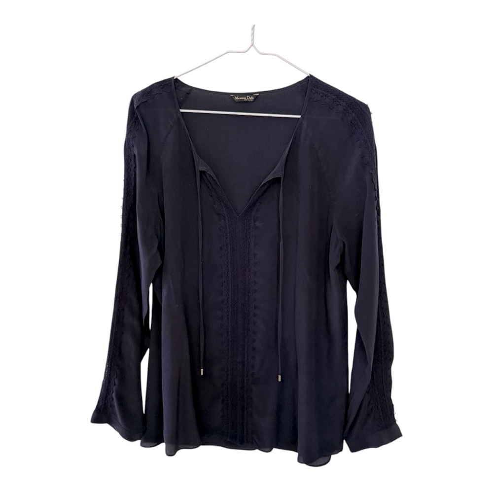 Massimo Dutti Women Popover Top V Neck Navy Blue Shirt Medium Estimated Blouse